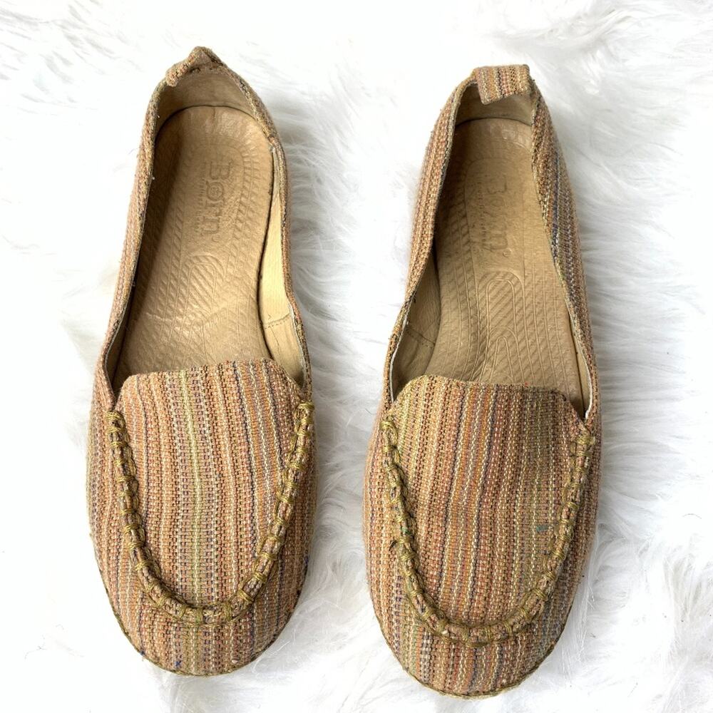 Born‎ Espadrille Flats Women 8 Tan Multi Woven Striped Slip On Moc Toe Shoes